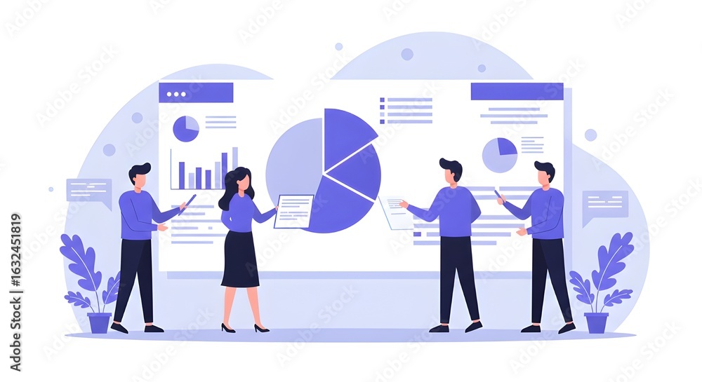 Obraz premium Colleagues Discussing Cost Allocation With Pie Charts In Modern Office, Analyzing Expenses, Budgeting, And Financial Strategies For Effective Business Planning And Resource Management