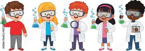 Kids in science lab, chemistry experiment, children in lab coat, holding beakers, STEM activity, school education, scientific learning, teamwork