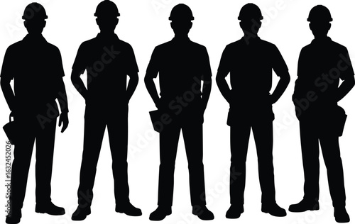 Silhouettes of five confident construction workers wearing hard hats and holding tools, standing together, industrial workforce, building site safety, vector illustration