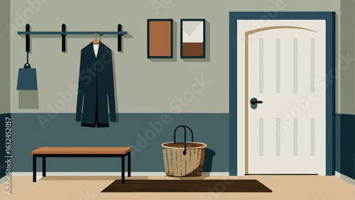 A hallway with a white wooden bench a woven basket for storage and a black metal coat rack affixed to the wall.