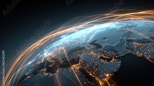 Illuminated digital earth surrounded by glowing network connections and data streams representing global digital transformation and connectivity