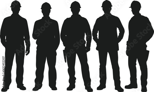 Silhouettes of five construction workers with hard hats standing in various poses, industrial team, safety helmets, building site vector illustration