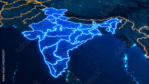 India map digital glowing outline, indian states, territory borders