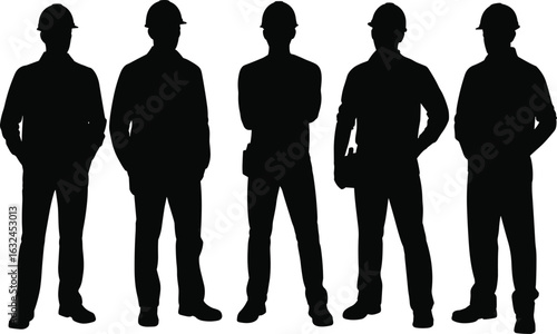 Silhouettes of five construction workers wearing hard hats, standing confidently, industrial team, safety gear, building site vector illustration