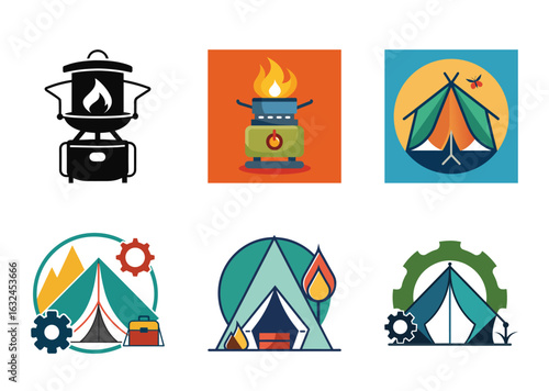 Various camping icons showcasing tents, cooking and different camping styles and activities