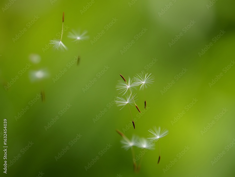 Naklejka premium Floating seeds carried by the gentle breeze across a blurred green background