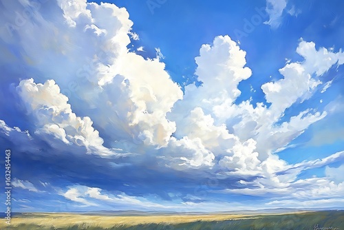 Majestic cumulonimbus clouds ascend over a serene golden field under a vast azure sky