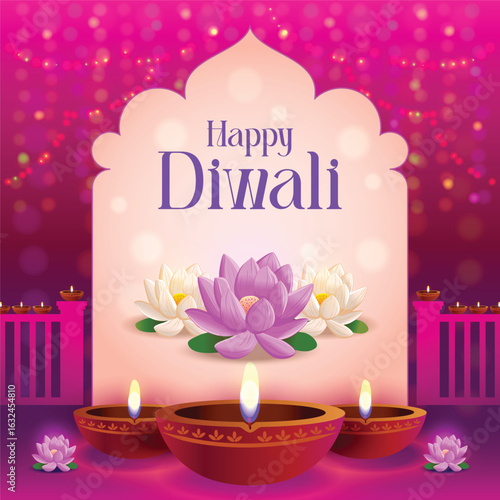 Elegant vector of Diwali greeting card design with glowing diyas and lotus flowers framed in a decorative temple arch motif on pink background.
