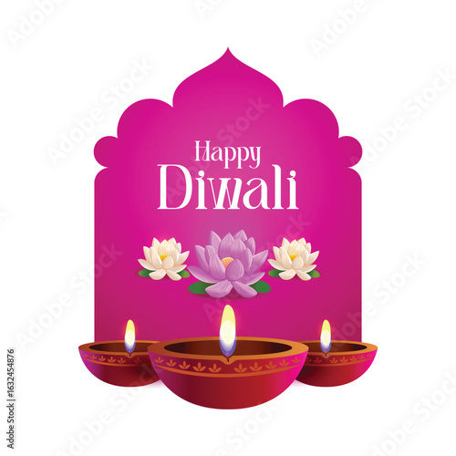 Clean vector illustration of Diwali celebration with traditional diyas and lotus flowers framed in a magenta arch over white background.

