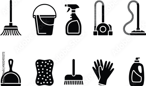 Broom bucket spray bottle vacuum cleaner dustpan sponge gloves cleaning liquid vector.