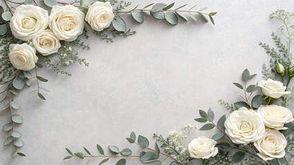 Cream white roses arranged with eucalyptus branches and baby's breath forming elegant floral border on neutral background.