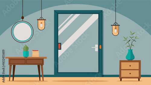An entryway with a large metalframed mirror a wooden console table and a hanging pendant light made of exposed bulbs.
