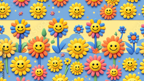 Sunflowers and daisies with smiling faces, flat vector illustration, seamless pattern, pastel yellow and pink color palette, cheerful and playful mood, clean white background, high detail,