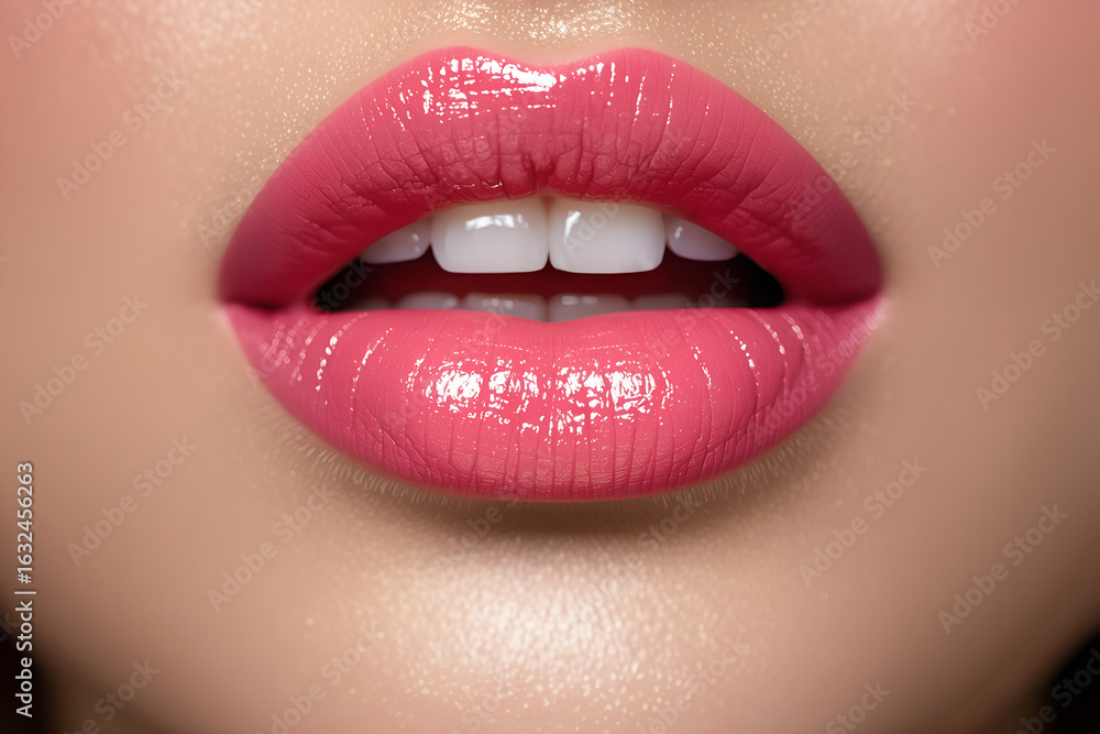 Fototapeta premium A sensual close-up of a woman’s lips with perfect pink lipstick. The makeup is flawless, with a smooth texture and a glossy or satin finish that enhances the femininity and elegance of the look. The c