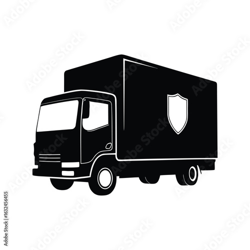 Silhouette vector icon of a cargo trailer truck, representing transportation, shipping, and delivery industries.