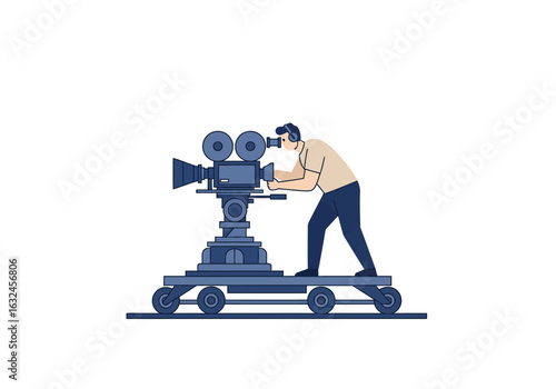 A cameraman with headphones filming with a vintage camera on a dolly