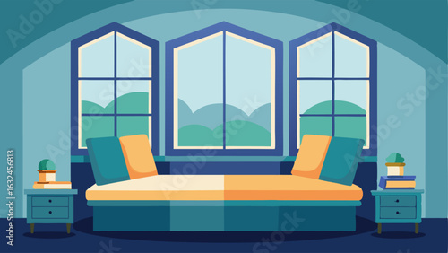 A large bay window with a window seat and cushions for reading.