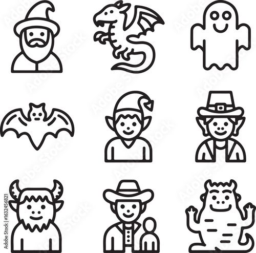 Fantasy and mythological character icon set. A diverse collection of line art illustrations featuring a wizard, dragon, ghost, and other mythical creatures.