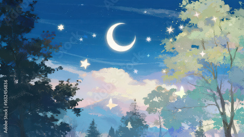 Enchanted Night Forest with Crescent Moon and Stars