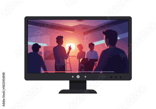 A computer monitor displays a group of silhouetted figures in a room with a window and a ladder