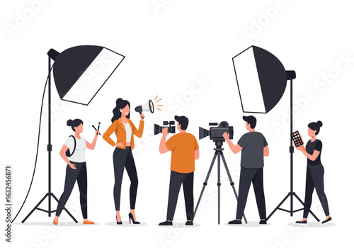 A film crew of 5 people is displayed with equipment on a white background