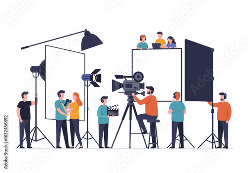 A film crew operates equipment on a movie set including lights a camera and a clapperboard