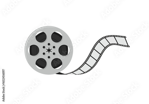 A film reel with spooledout film on a white background