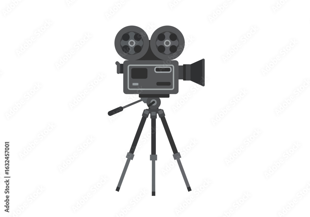 Obraz premium A gray vintage movie camera stands on a tripod against a white background