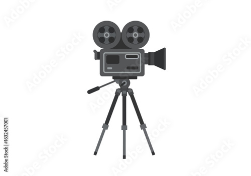 A gray vintage movie camera stands on a tripod against a white background