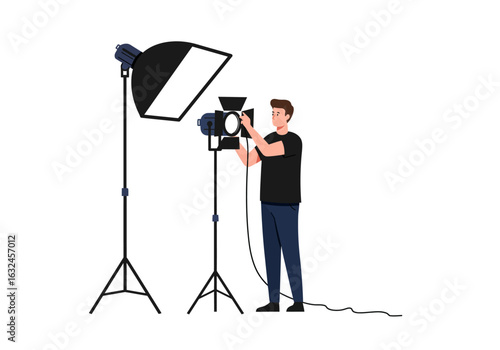 A man adjusts studio lights one softbox  one smaller spotlight on tripods with a cable visible