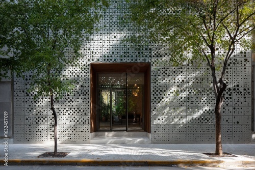 Modern facade with perforated metal panels, trees, and entrance