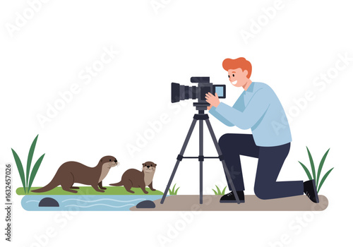 A photographer kneels filming two otters near water
