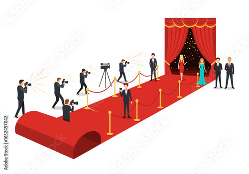A red carpet event with photographers celebrities and security guards standing by a curtained backdrop