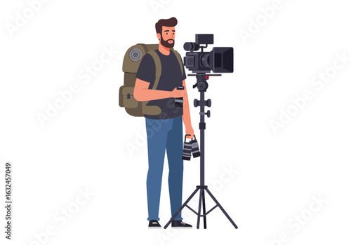 A man with a backpack stands beside a camera on a tripod