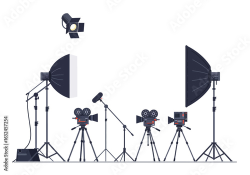 Depicts a film studio setup with lights a microphone and vintage cameras on tripods against a white backdrop