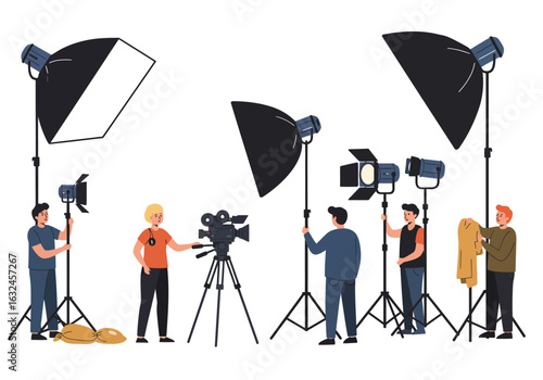 Film crew w lights camera  staff sets a stage on white background