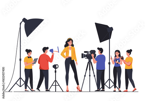 People work on a media production set with lights a camera and a model