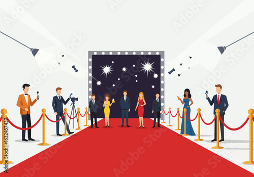 Red carpet scene Celebrities journalists velvet ropes backdrop with stars bright lighting