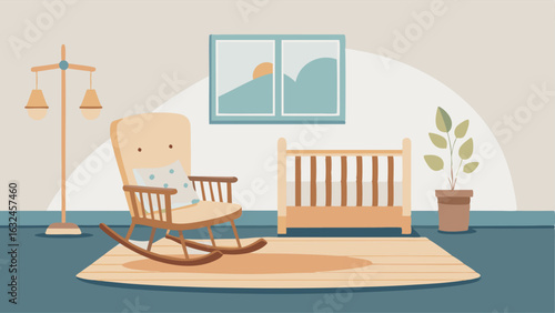 A nursery with a wooden crib a neutraltoned rocking chair and a soft gy rug.