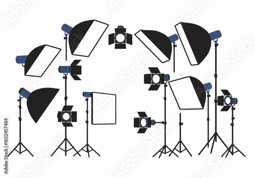 Studio lighting setup featuring reflectors softboxes and adjustable stands on a white background