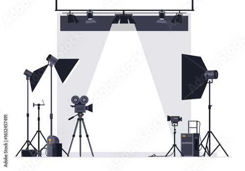 Studio setup with lighting a film camera and broadcast equipment