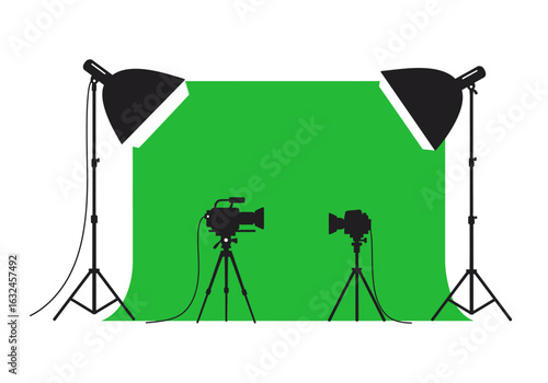 Two cameras flank a green screen backdrop illuminated by studio lights on stands