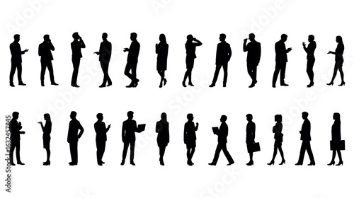 Silhouettes of business professionals in communication, walking, standing, working with laptops, corporate teamwork, office interaction, formal business attire
