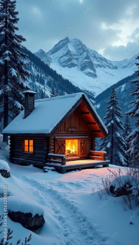 Naklejka premium Cozy cabin nestled in snowy mountains, fireplace glowing warmly, chalet, serenity, cozy
