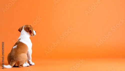 可愛い子犬の後ろ姿のポートレート　オレンジ色の背景	