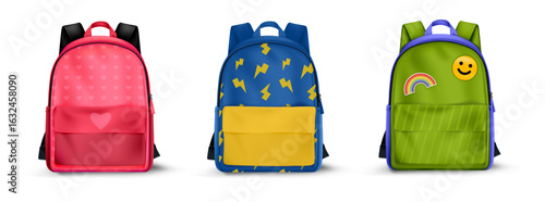 Set of realistic school backpacks.