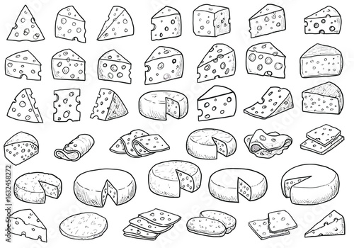 Assortment of cheese types isolated on white background a detailed illustration showcasing various cheeses, from cheddar to brie, in a monochrome sketch