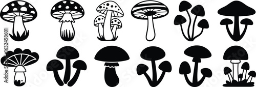 Silhouette mushroom collection, black and white vector, fungi icons, botanical design, nature clipart, mushroom shapes, minimalist art, editable graphicsSilhouette mushroom collection, black and 