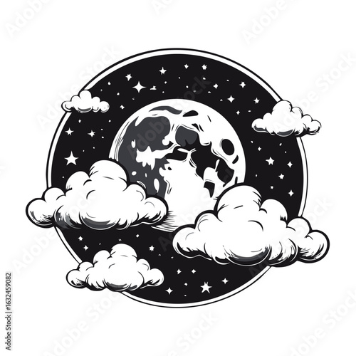 Illustrative moon shines brightly amidst fluffy clouds, star-filled sky in circular frame emblem