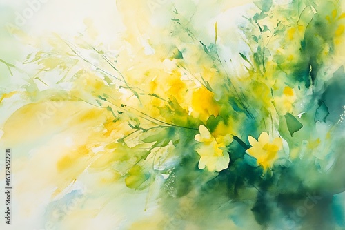 Vibrant watercolor painting captures the delicate beauty of yellow flowers and lush green foliage in a soft ethereal light
